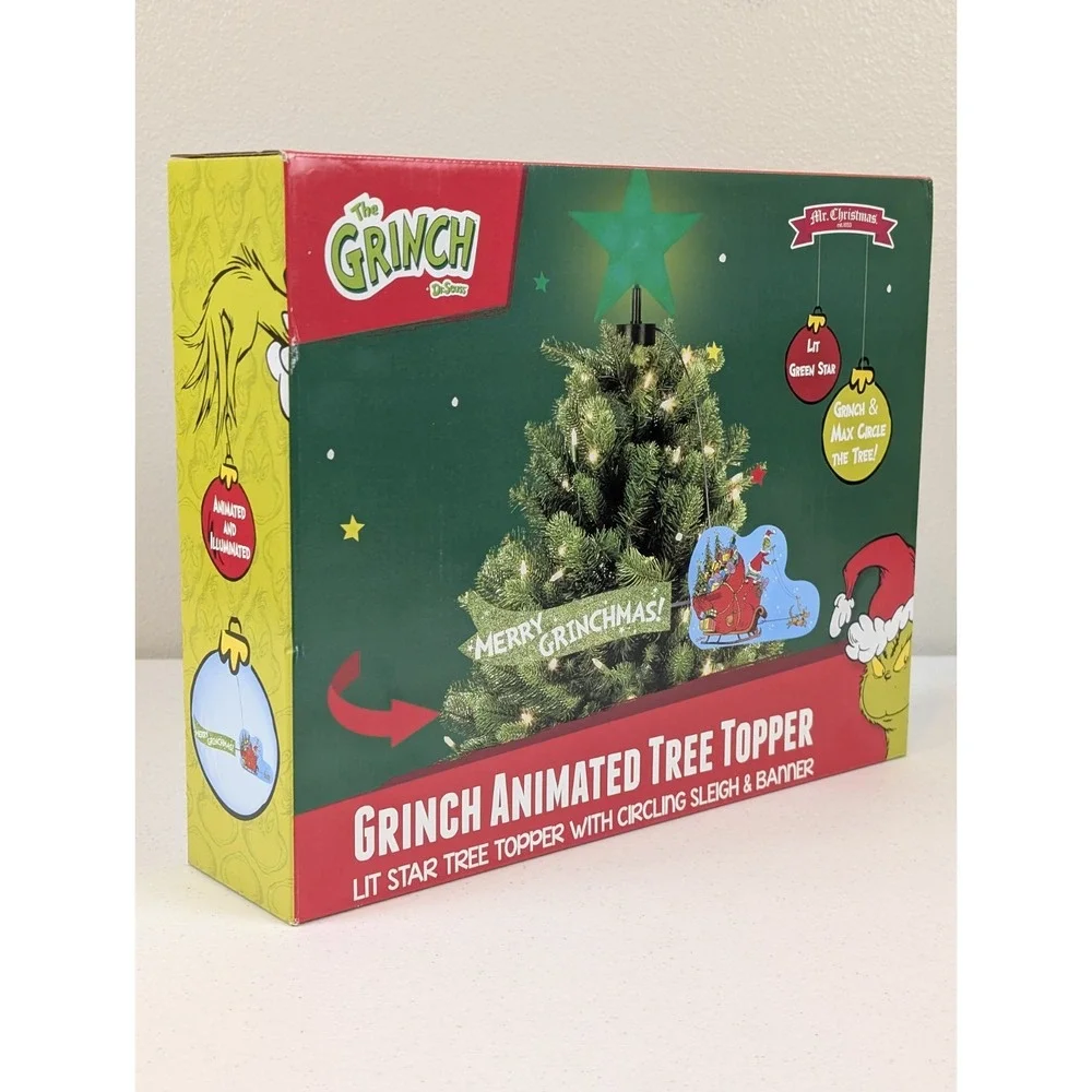 New Dr Seuss Grinch Sleigh Animated Christmas Tree Topper Merry Grinchmas LED